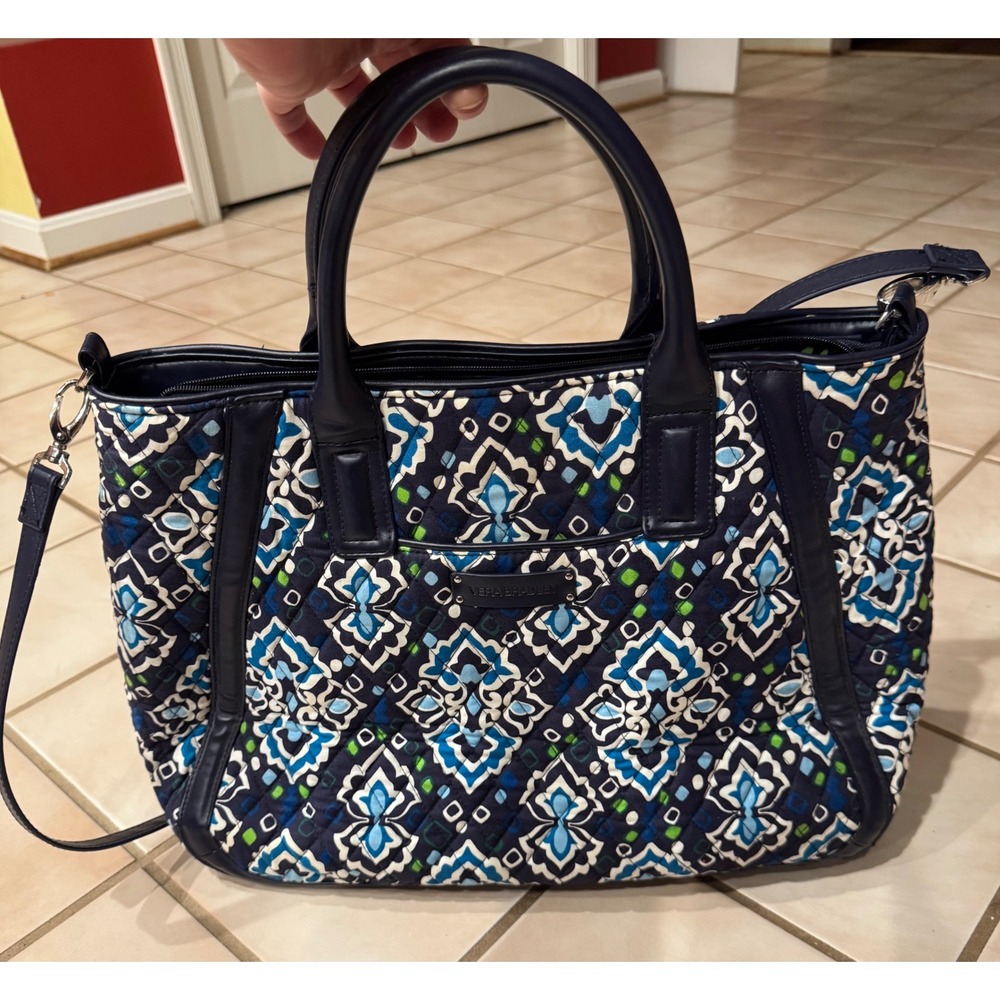 Vera Bradley Trapeze Tote Ink Blue with Navy Blue Trim RETIRED PATTERN Large